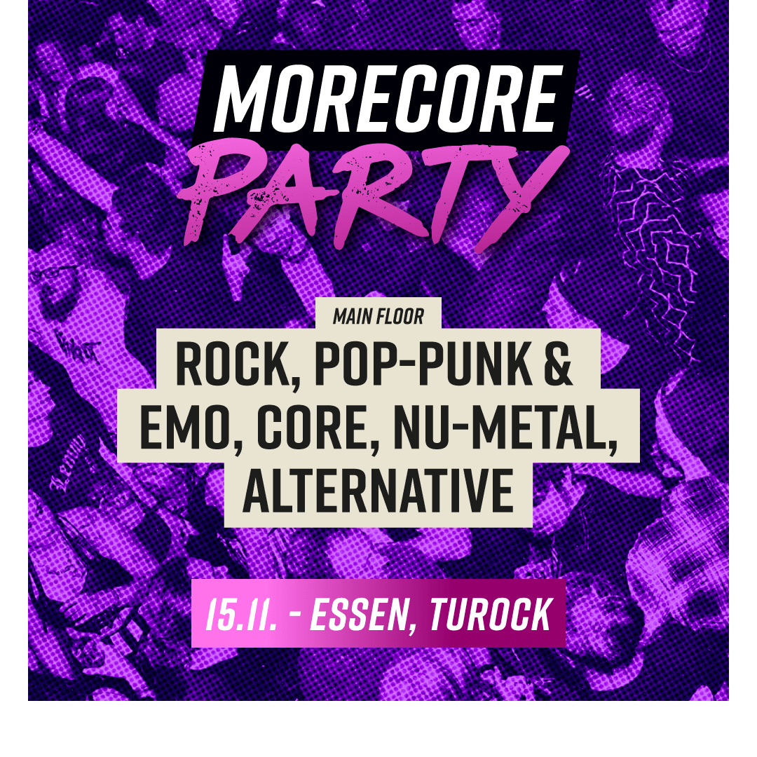 Flyer der MoreCore Party Essen am Samstag, 15. November 2025. Veranstaltungsort ist Turock